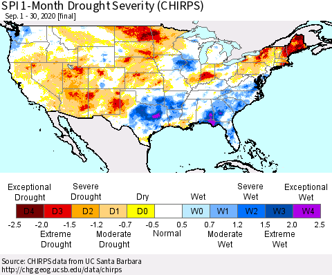 United States SPI 1-Month Drought Severity (CHIRPS) Thematic Map For 9/1/2020 - 9/30/2020