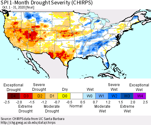 United States SPI 1-Month Drought Severity (CHIRPS) Thematic Map For 10/1/2020 - 10/31/2020
