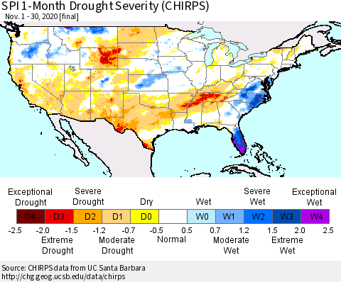 United States SPI 1-Month Drought Severity (CHIRPS) Thematic Map For 11/1/2020 - 11/30/2020