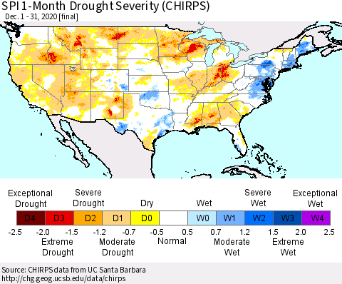 United States SPI 1-Month Drought Severity (CHIRPS) Thematic Map For 12/1/2020 - 12/31/2020