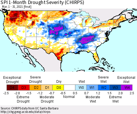 United States SPI 1-Month Drought Severity (CHIRPS) Thematic Map For 3/1/2021 - 3/31/2021