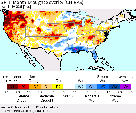 United States SPI 1-Month Drought Severity (CHIRPS) Thematic Map For 4/1/2021 - 4/30/2021