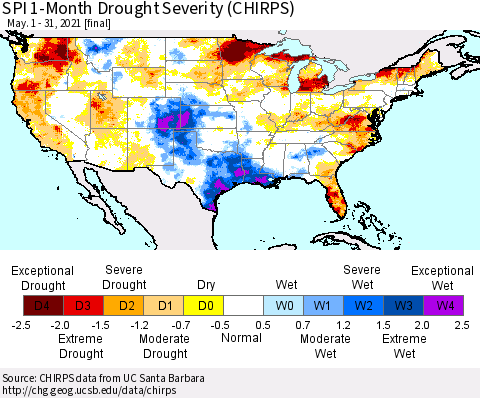 United States SPI 1-Month Drought Severity (CHIRPS) Thematic Map For 5/1/2021 - 5/31/2021