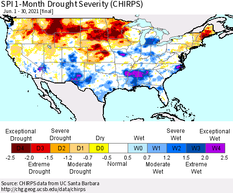 United States SPI 1-Month Drought Severity (CHIRPS) Thematic Map For 6/1/2021 - 6/30/2021