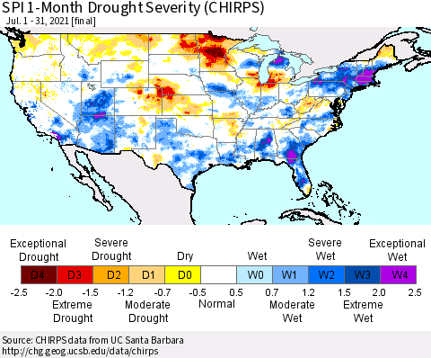 United States SPI 1-Month Drought Severity (CHIRPS) Thematic Map For 7/1/2021 - 7/31/2021
