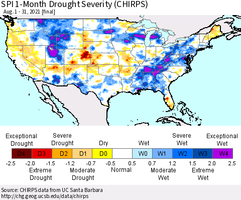 United States SPI 1-Month Drought Severity (CHIRPS) Thematic Map For 8/1/2021 - 8/31/2021