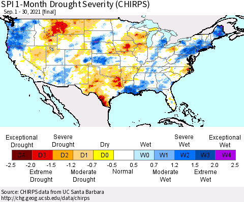 United States SPI 1-Month Drought Severity (CHIRPS) Thematic Map For 9/1/2021 - 9/30/2021