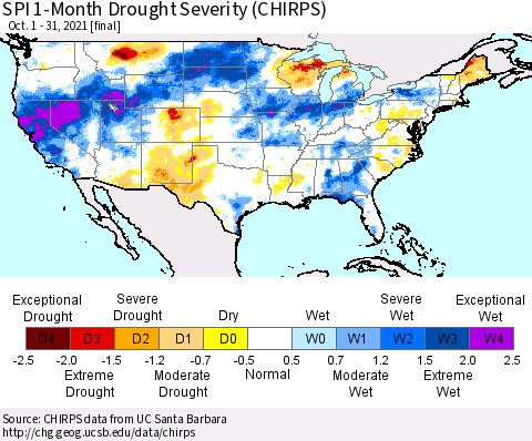 United States SPI 1-Month Drought Severity (CHIRPS) Thematic Map For 10/1/2021 - 10/31/2021