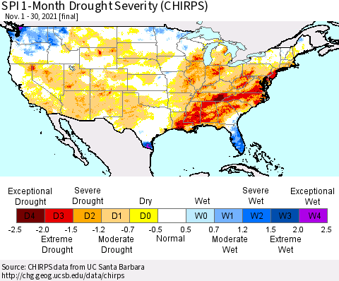 United States SPI 1-Month Drought Severity (CHIRPS) Thematic Map For 11/1/2021 - 11/30/2021