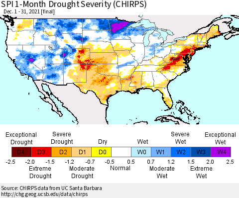 United States SPI 1-Month Drought Severity (CHIRPS) Thematic Map For 12/1/2021 - 12/31/2021