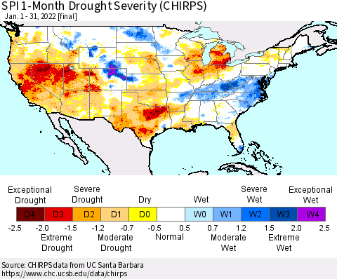 United States SPI 1-Month Drought Severity (CHIRPS) Thematic Map For 1/1/2022 - 1/31/2022