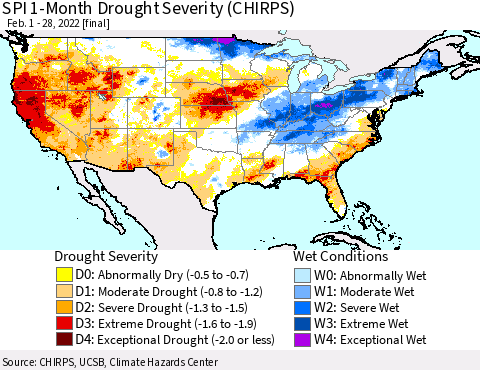 United States SPI 1-Month Drought Severity (CHIRPS) Thematic Map For 2/1/2022 - 2/28/2022