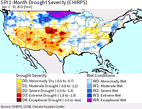 United States SPI 1-Month Drought Severity (CHIRPS) Thematic Map For 4/1/2022 - 4/30/2022