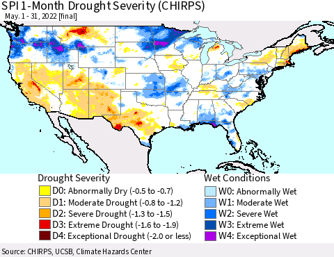 United States SPI 1-Month Drought Severity (CHIRPS) Thematic Map For 5/1/2022 - 5/31/2022