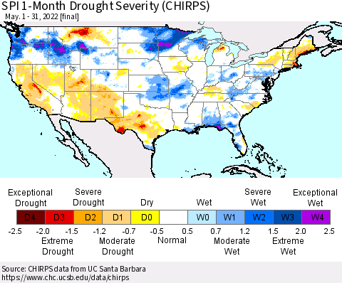 United States SPI 1-Month Drought Severity (CHIRPS) Thematic Map For 5/1/2022 - 5/31/2022
