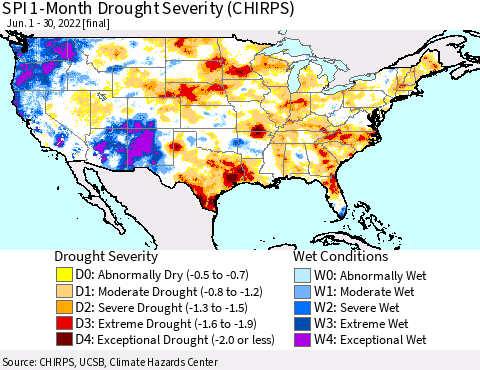 United States SPI 1-Month Drought Severity (CHIRPS) Thematic Map For 6/1/2022 - 6/30/2022