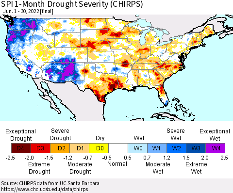 United States SPI 1-Month Drought Severity (CHIRPS) Thematic Map For 6/1/2022 - 6/30/2022