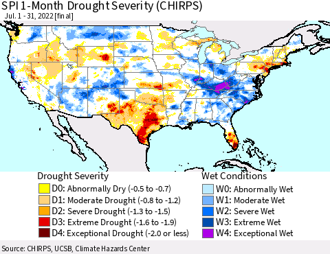 United States SPI 1-Month Drought Severity (CHIRPS) Thematic Map For 7/1/2022 - 7/31/2022