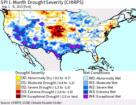 United States SPI 1-Month Drought Severity (CHIRPS) Thematic Map For 8/1/2022 - 8/31/2022