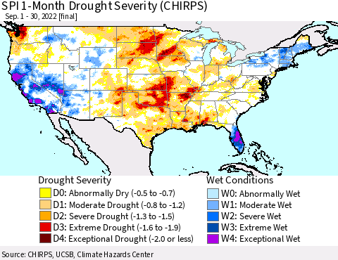United States SPI 1-Month Drought Severity (CHIRPS) Thematic Map For 9/1/2022 - 9/30/2022