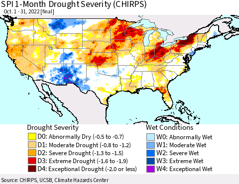 United States SPI 1-Month Drought Severity (CHIRPS) Thematic Map For 10/1/2022 - 10/31/2022