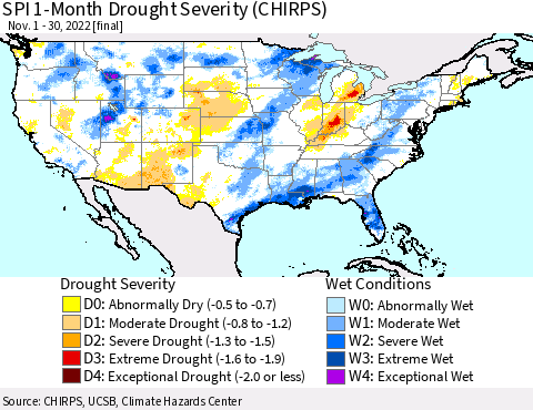 United States SPI 1-Month Drought Severity (CHIRPS) Thematic Map For 11/1/2022 - 11/30/2022