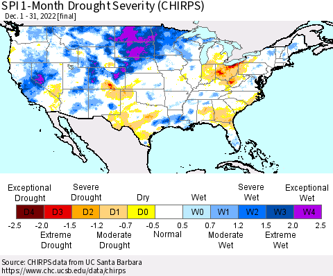 United States SPI 1-Month Drought Severity (CHIRPS) Thematic Map For 12/1/2022 - 12/31/2022