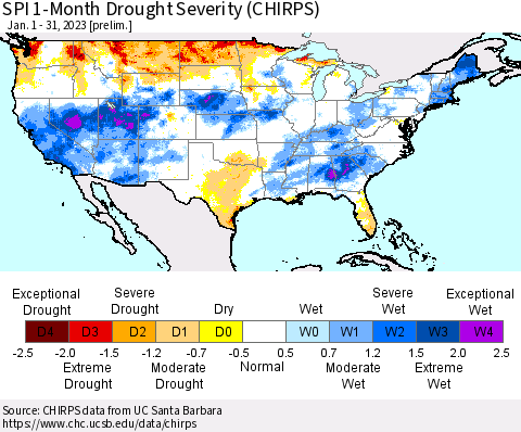 United States SPI 1-Month Drought Severity (CHIRPS) Thematic Map For 1/1/2023 - 1/31/2023