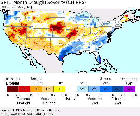 United States SPI 1-Month Drought Severity (CHIRPS) Thematic Map For 4/1/2023 - 4/30/2023