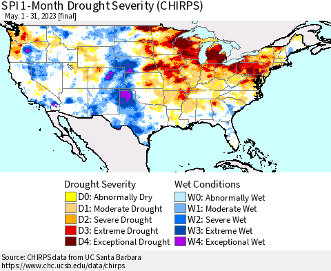 United States SPI 1-Month Drought Severity (CHIRPS) Thematic Map For 5/1/2023 - 5/31/2023