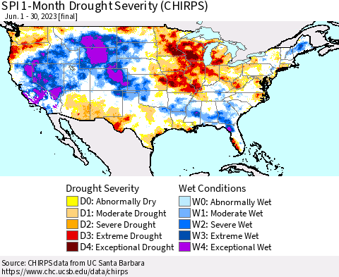 United States SPI 1-Month Drought Severity (CHIRPS) Thematic Map For 6/1/2023 - 6/30/2023
