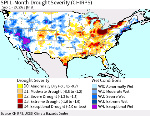 United States SPI 1-Month Drought Severity (CHIRPS) Thematic Map For 9/1/2023 - 9/30/2023