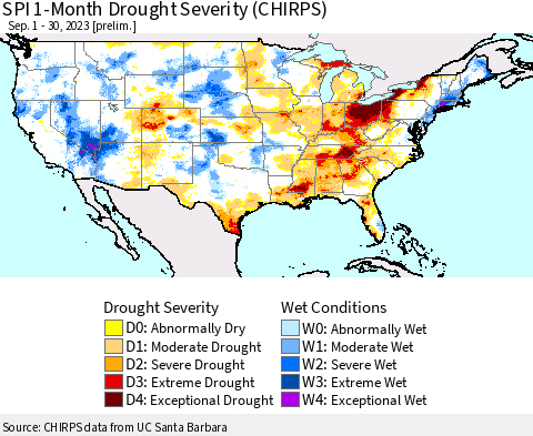 United States SPI 1-Month Drought Severity (CHIRPS) Thematic Map For 9/1/2023 - 9/30/2023