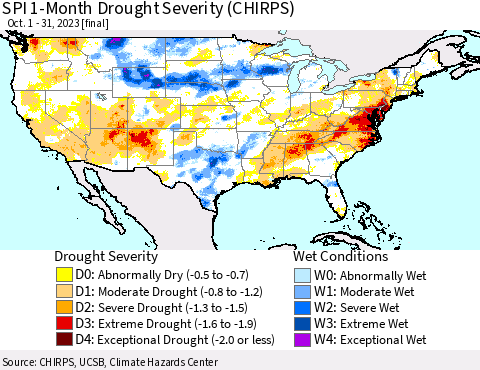 United States SPI 1-Month Drought Severity (CHIRPS) Thematic Map For 10/1/2023 - 10/31/2023