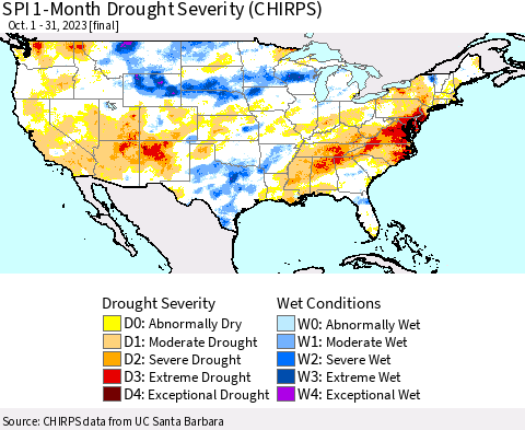United States SPI 1-Month Drought Severity (CHIRPS) Thematic Map For 10/1/2023 - 10/31/2023