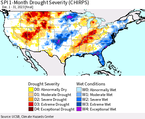 United States SPI 1-Month Drought Severity (CHIRPS) Thematic Map For 12/1/2023 - 12/31/2023