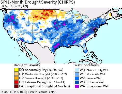 United States SPI 1-Month Drought Severity (CHIRPS) Thematic Map For 1/1/2024 - 1/31/2024