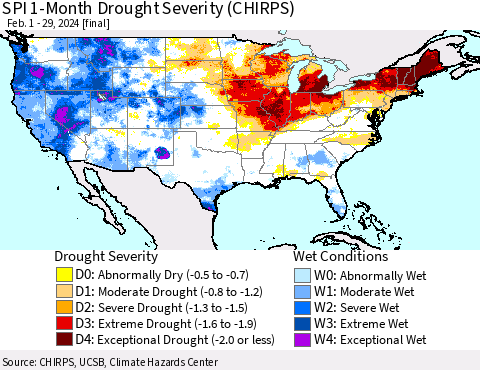 United States SPI 1-Month Drought Severity (CHIRPS) Thematic Map For 2/1/2024 - 2/29/2024