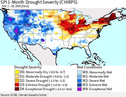 United States SPI 1-Month Drought Severity (CHIRPS) Thematic Map For 2/1/2024 - 2/29/2024