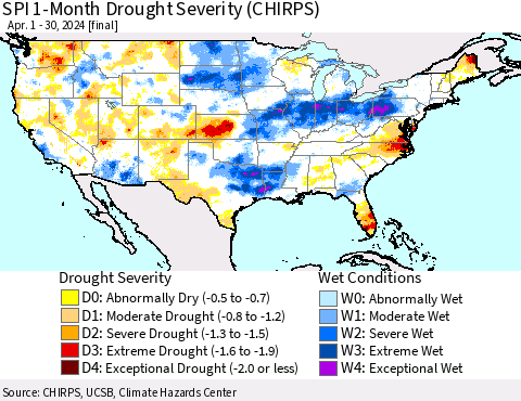 United States SPI 1-Month Drought Severity (CHIRPS) Thematic Map For 4/1/2024 - 4/30/2024