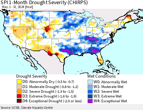 United States SPI 1-Month Drought Severity (CHIRPS) Thematic Map For 5/1/2024 - 5/31/2024