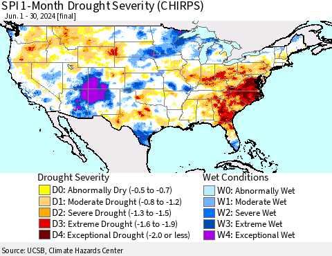 United States SPI 1-Month Drought Severity (CHIRPS) Thematic Map For 6/1/2024 - 6/30/2024