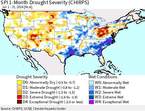 United States SPI 1-Month Drought Severity (CHIRPS) Thematic Map For 7/1/2024 - 7/31/2024