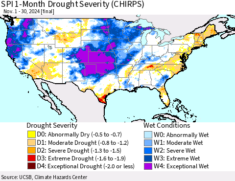 United States SPI 1-Month Drought Severity (CHIRPS) Thematic Map For 11/1/2024 - 11/30/2024