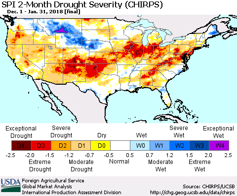 United States SPI 2-Month Drought Severity (CHIRPS) Thematic Map For 12/1/2017 - 1/31/2018