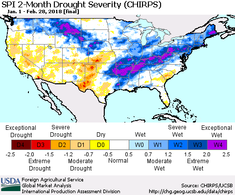 United States SPI 2-Month Drought Severity (CHIRPS) Thematic Map For 1/1/2018 - 2/28/2018