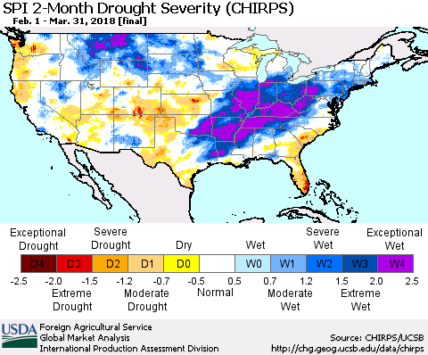 United States SPI 2-Month Drought Severity (CHIRPS) Thematic Map For 2/1/2018 - 3/31/2018