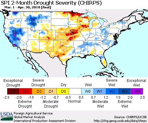 United States SPI 2-Month Drought Severity (CHIRPS) Thematic Map For 3/1/2018 - 4/30/2018