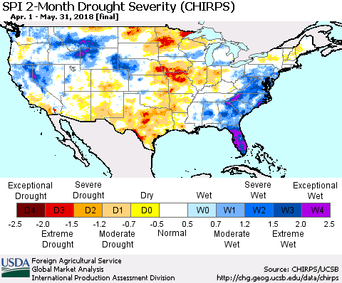 United States SPI 2-Month Drought Severity (CHIRPS) Thematic Map For 4/1/2018 - 5/31/2018