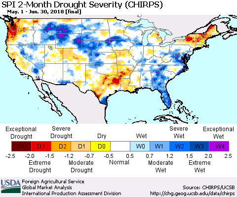 United States SPI 2-Month Drought Severity (CHIRPS) Thematic Map For 5/1/2018 - 6/30/2018